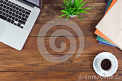 Freelance working environment view of wooden Desk with Business Items Stock Photo