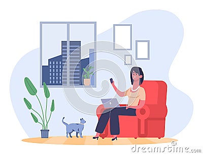 Freelance working person concept. Businesswoman sitting in armchair with laptop and smartphone. Female character Vector Illustration