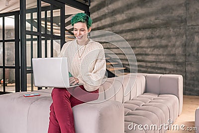 Freelance writer working on her laptop sitting on sofa at home Stock Photo