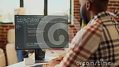 Freelancer admin programming html code on computer Stock Photo