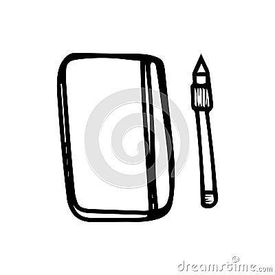 Freelancer or artis,businessman notebook with pen or pencil in doodle style isolated on white background. Sign icon. Vector Cartoon Illustration