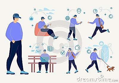 Freelancer Character Daily Routine Flat Vector Set Vector Illustration