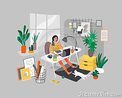 Freelancer designer girl working in nordic style home office with cat. Daily life and everyday routine scene by young Vector Illustration