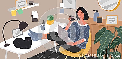 Freelancer designer girl working in nordic style home office with cat. Daily life and everyday routine scene by young Vector Illustration