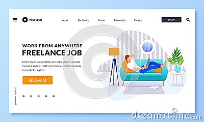 Freelancer entrepreneur works on laptop at home. Vector illustration. Remote online job, freelance work concept Vector Illustration