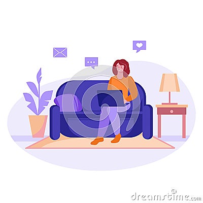 Freelancer girl with a laptop on the couch studies or works at home. Vector concept of freelance, online education. Cartoon flat Stock Photo