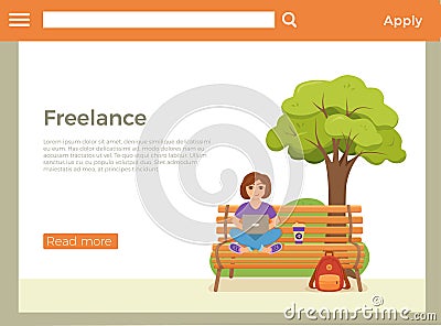 Freelancer happy young woman working on the bench in park with coffee. Vector Illustration