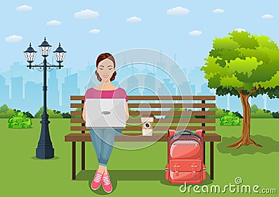 Freelancer happy young woman working Vector Illustration