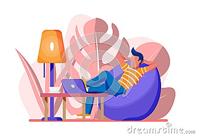 Freelancer with laptop in beanbag chair. Vector Illustration