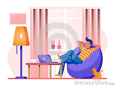 Freelancer with laptop in beanbag chair. Vector Illustration