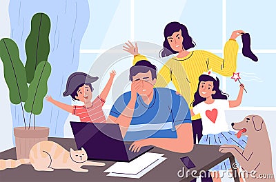 Freelancer man is distracted from work on a laptop at home. Children, pets, and a wife stop dad from working. Noisy Vector Illustration