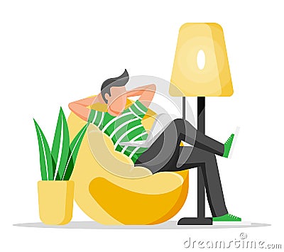 Freelancer man with laptop in beanbag chair. Vector Illustration