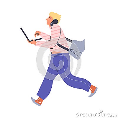 Freelancer man while running talking on the phone and working on laptop, vector freelance lifestyle, remote job employee Vector Illustration