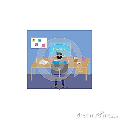 Freelancer sitting in front of a computer thinking and relaxing Vector Illustration