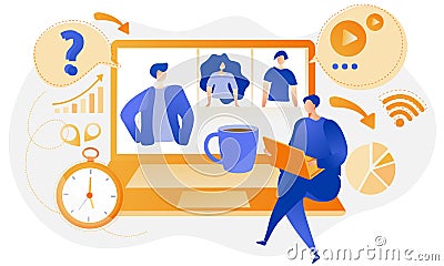 Freelancer sitting on a large laptop. Online video meeting with coworkers. Vector Illustration