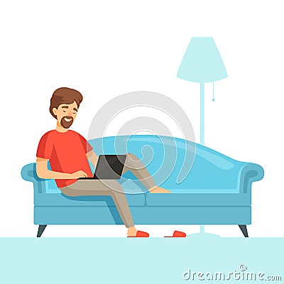 Freelancer on sofa. Happy smile work guy on comfortable bed with laptop vector cartoon picture Vector Illustration