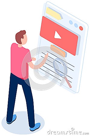 Freelancer standing near big checklist with video recording symbol. Guy studies form with data Vector Illustration