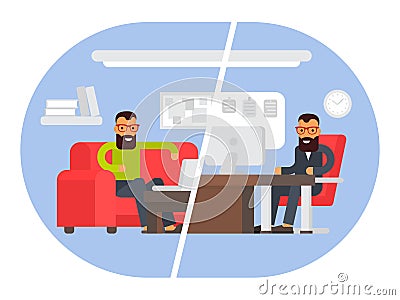 Freelancer vs business office. Comparing remote work with freelance working place. Flat design vector illustration. Vector Illustration