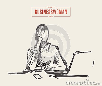 Freelancer woman laptop computer vector art sketch Vector Illustration