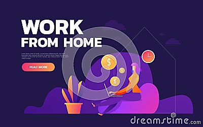 Freelancer woman worker using computer laptop and working typing. Freelance online work concept flat cartoon graphic Vector Illustration