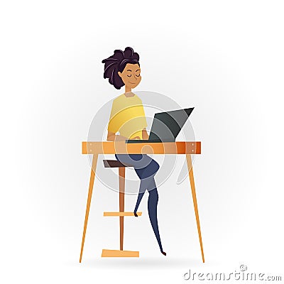 Freelancer Woman Working by Computer on Table Vector Illustration