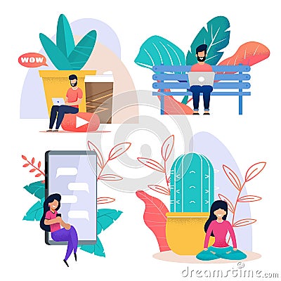 Freelancer Work and Rest Flat Cartoon Metaphor Set Vector Illustration