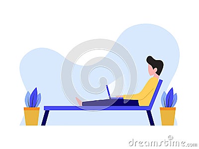 Freelancer working from home, concept illustration, young man working on laptop, looking at screen, front view, flat style Vector Illustration