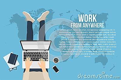 Freelancer is working at home with laptop, top view. Concept of remote working and work from anywhere Vector Illustration