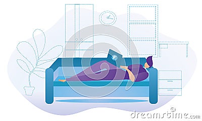 Freelancer working for home. Lying on the sofa and typing on the computer. Vector Illustration