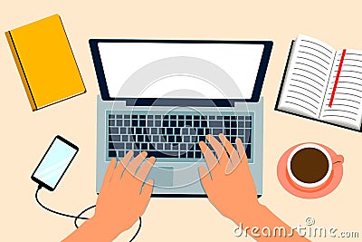 Freelancer workplace. Home office. Beautiful closeup for web design. Education technology. Online conference. Distance Vector Illustration