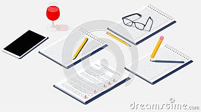 Freelancer workplace. A notepad, pencil, smartphone and a glass of red wine. Isometric lounging illustration in bright white Vector Illustration