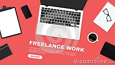 Freelancer workspace, workspace in top view. Working at home and home office concept. Freelance jobs and vacancies concept. Laptop Vector Illustration
