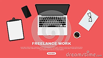 Freelancer workspace, workspace in top view. Working at home and home office concept. Freelance jobs and vacancies concept. Laptop Vector Illustration