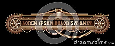 Freely editable mechanical banner decorated with brass gears, nozzles and rivets. Vector Illustration