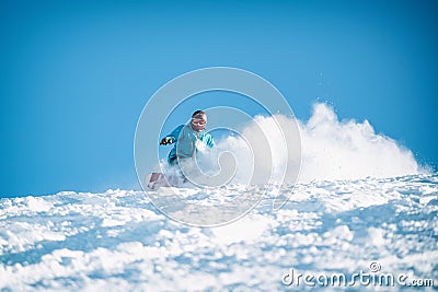 Freeride powder, snowboarding in Les deux alpes resort in winter, mountains in French alps, Rhone Alpes in France Editorial Stock Photo