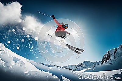 freeride skiing. skier jumping against blue sky Stock Photo