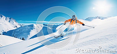 freeride skiing. skier on snowy slope against blue sky on sunny winter day. banner Stock Photo