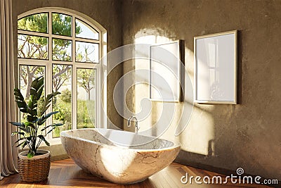 freestanding bath in lightflooded cozy country house bathroom minimalistic interior design with sheld and canvas relaxation and Stock Photo