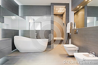 Freestanding bath in modern bathroom Stock Photo