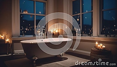 Freestanding bathtub in the bathroom full of candles. Stock Photo