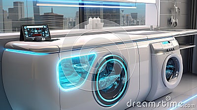 Freestanding washer-dryer, futuristic concept for exhibitions and shows. Digital control Stock Photo