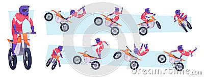 Freestyle motocross. Sport bike riders jump style exact vector motocross drivers in action poses Vector Illustration