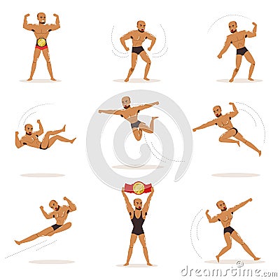 Freestyle Wrestling Fighter In Black Underwear Fighting Set Of Illustrations With Wrestler Sportsman. Vector Illustration