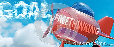 Freethinking helps achieve a goal - pictured as word Freethinking in clouds, to symbolize that Freethinking can help achieving Cartoon Illustration