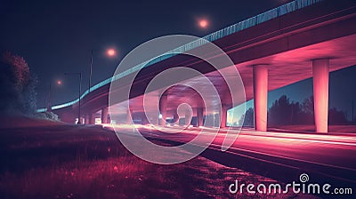 Freeway in night with cars light in crossroads. Generative AI Stock Photo