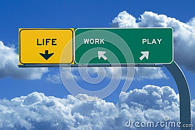 Freeway Sign Reading: Life, Work, Play Stock Photo