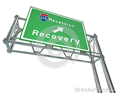 Freeway Sign - Recession Next Exit Recovery Stock Photo