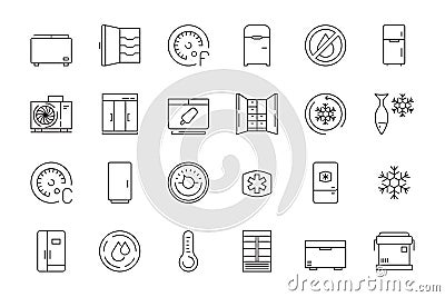 Freez icon. Refrigerator freezer in interior for food compact and commercial portable fridges vector thin line symbols Vector Illustration