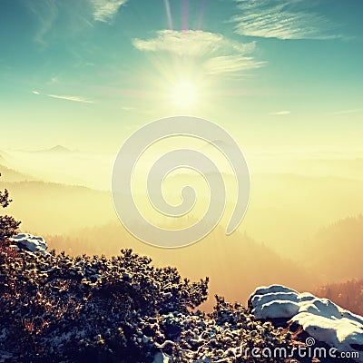 Freeze autumn trek, rocks covered with first fresh snow. Stock Photo