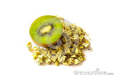 Freeze dried anf fresh kiwi on a white background. Stock Photo